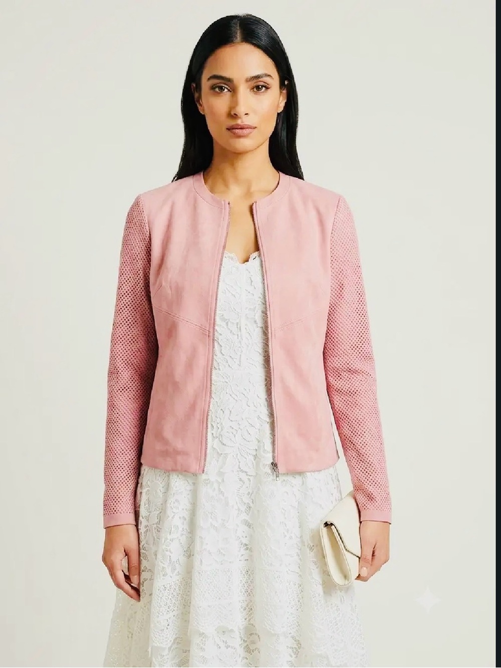 Vila Milano: Blush Pink Faux Suede & Mesh Sleeve  Zip Jacket. Size S.